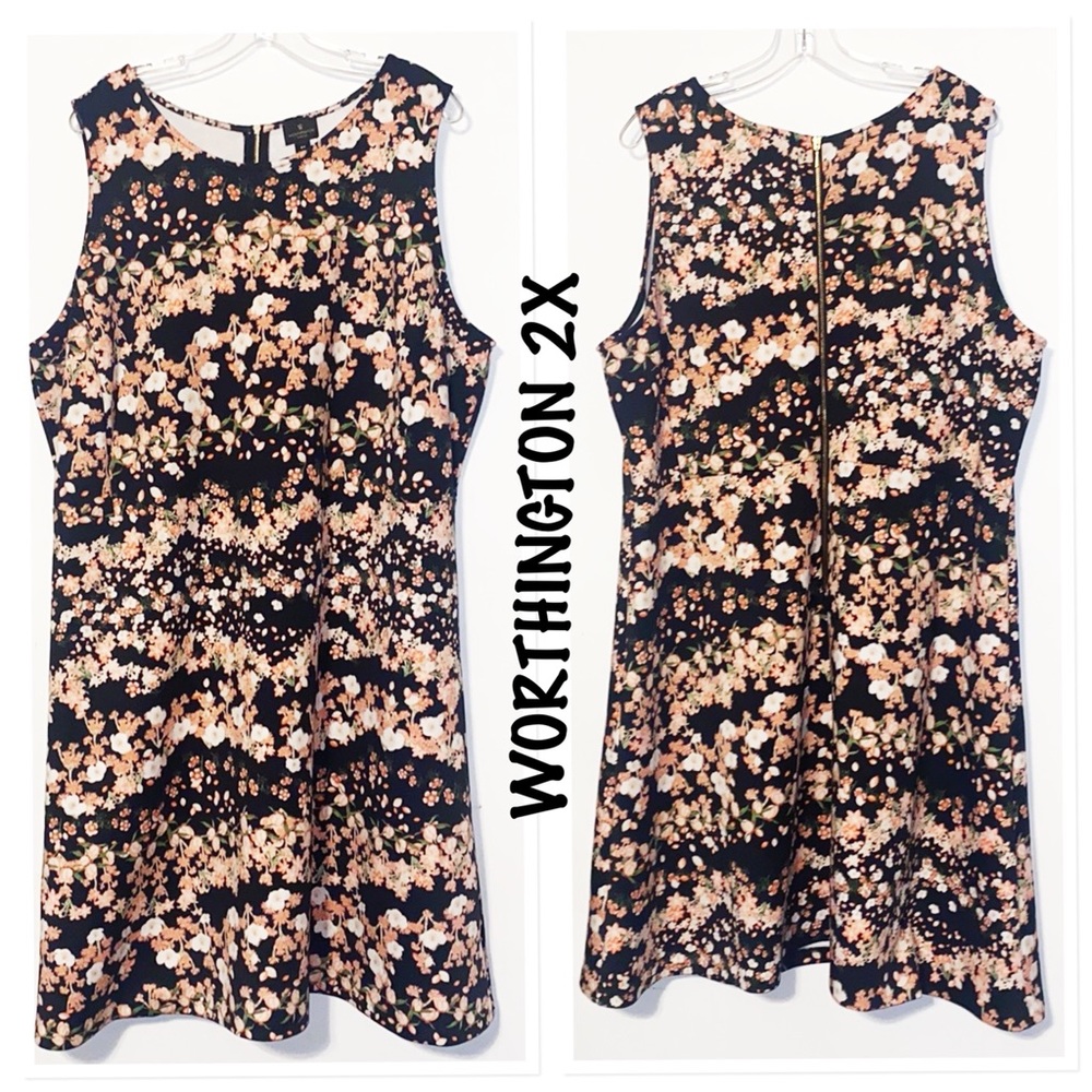 WORTHINGTON Black/ Peach Floral Dress NWOT 2X
